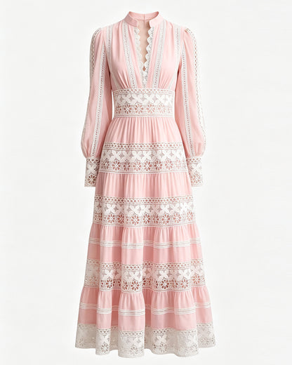 Blush Pink Lace Tiered Maxi Dress – Elegant Early Fall Occasion Dress
