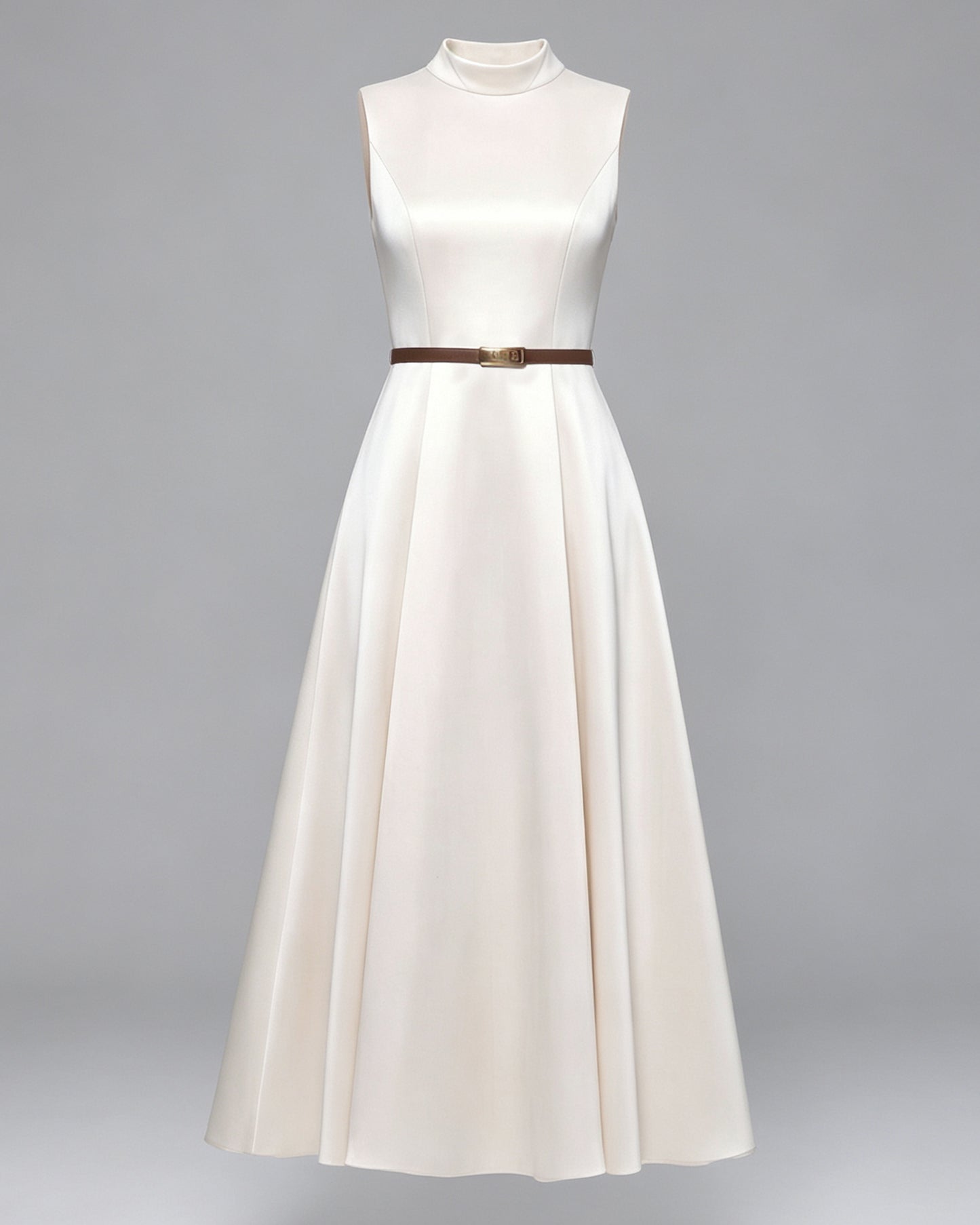 Satin A-Line Midi Dress with Belt | Black & Apricot