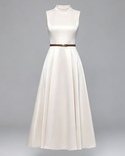 Satin A-Line Midi Dress with Belt | Black & Apricot