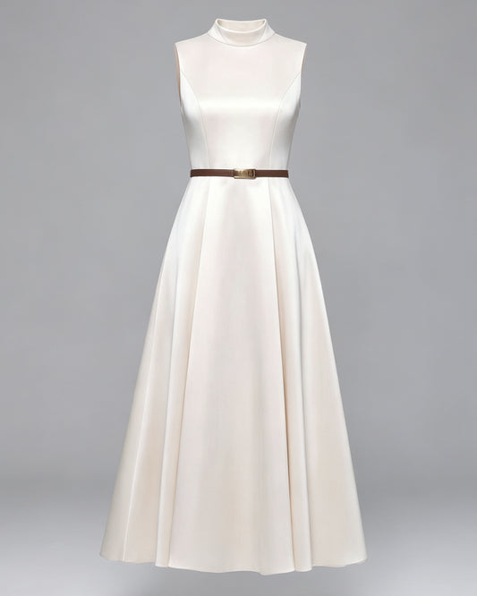 Satin A-Line Midi Dress with Belt | Black & Apricot