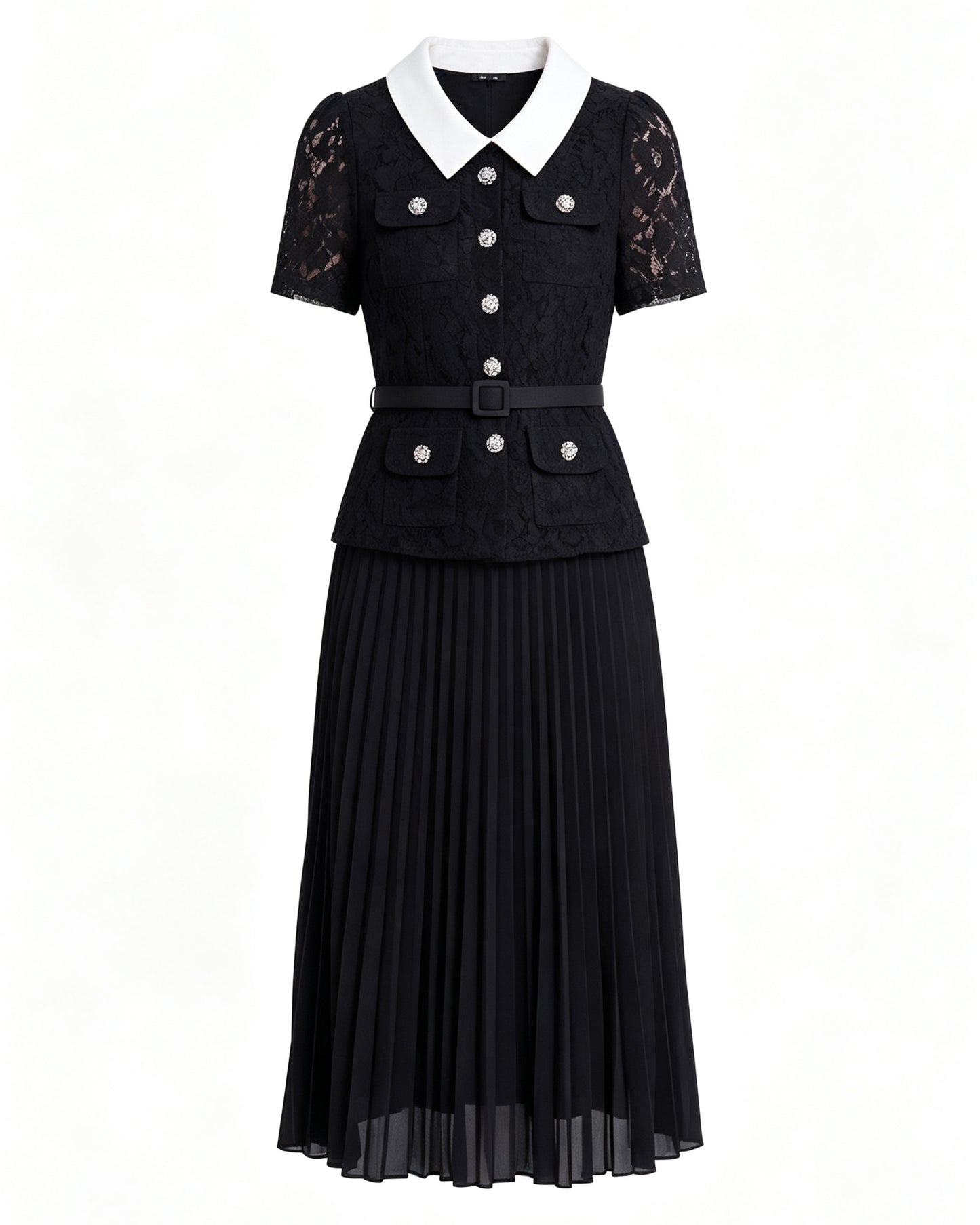 Lace Collar Pleated Midi Dress With Belts
