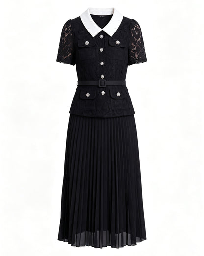 Lace Collar Pleated Midi Dress With Belts
