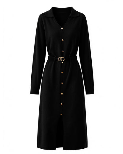 27639-Elegant Lapel V-Neck Knit Midi Dress: Button Decoration & Belted Waist