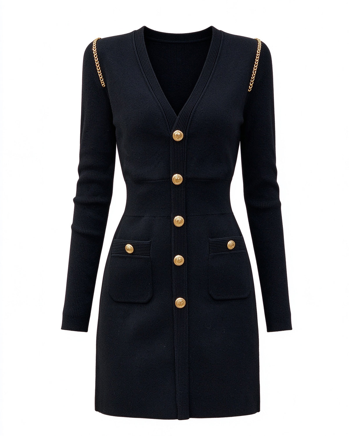 28702 Black Gold Button Knit Mini Dress with Chain Detail