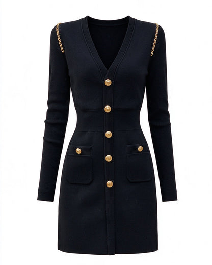 28702 Black Gold Button Knit Mini Dress with Chain Detail