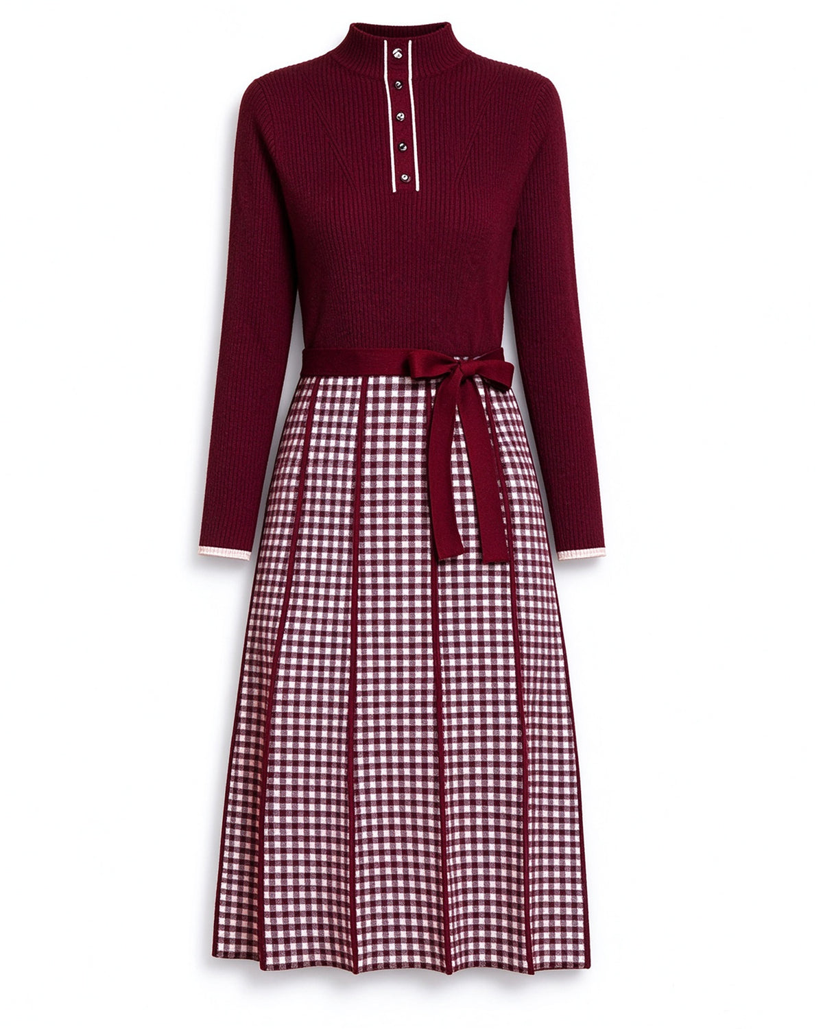 25133 Elegant 2-in-1 Knit Dress: Turtleneck, Faux Button Detail & Plaid Pleated Dress
