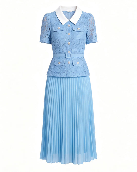 Lace Collar Pleated Midi Dress With Belts