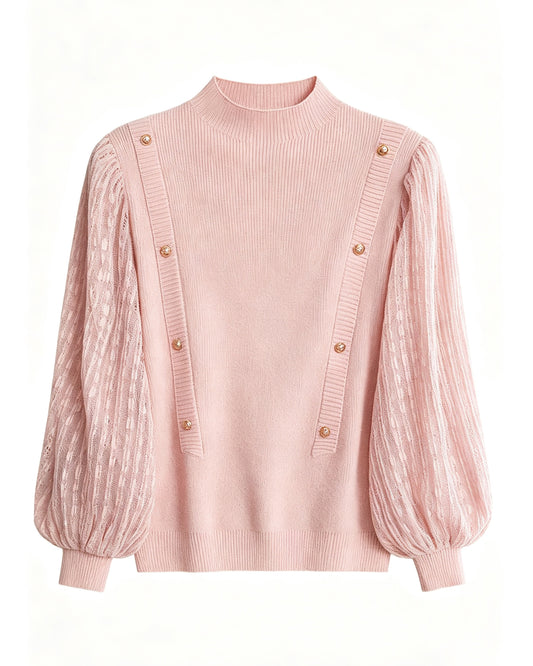 Soft Mock Neck Puff Sleeve Knit Top | Pink & Sage Green