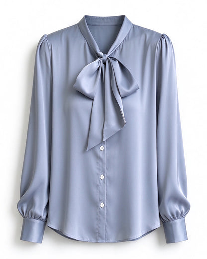 28686 Satin Tie-Neck Blouse with Button Front – Soft Blue Elegance for Fall