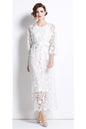 Womens Lace Puff Sleeves Elegant Maxi Dress