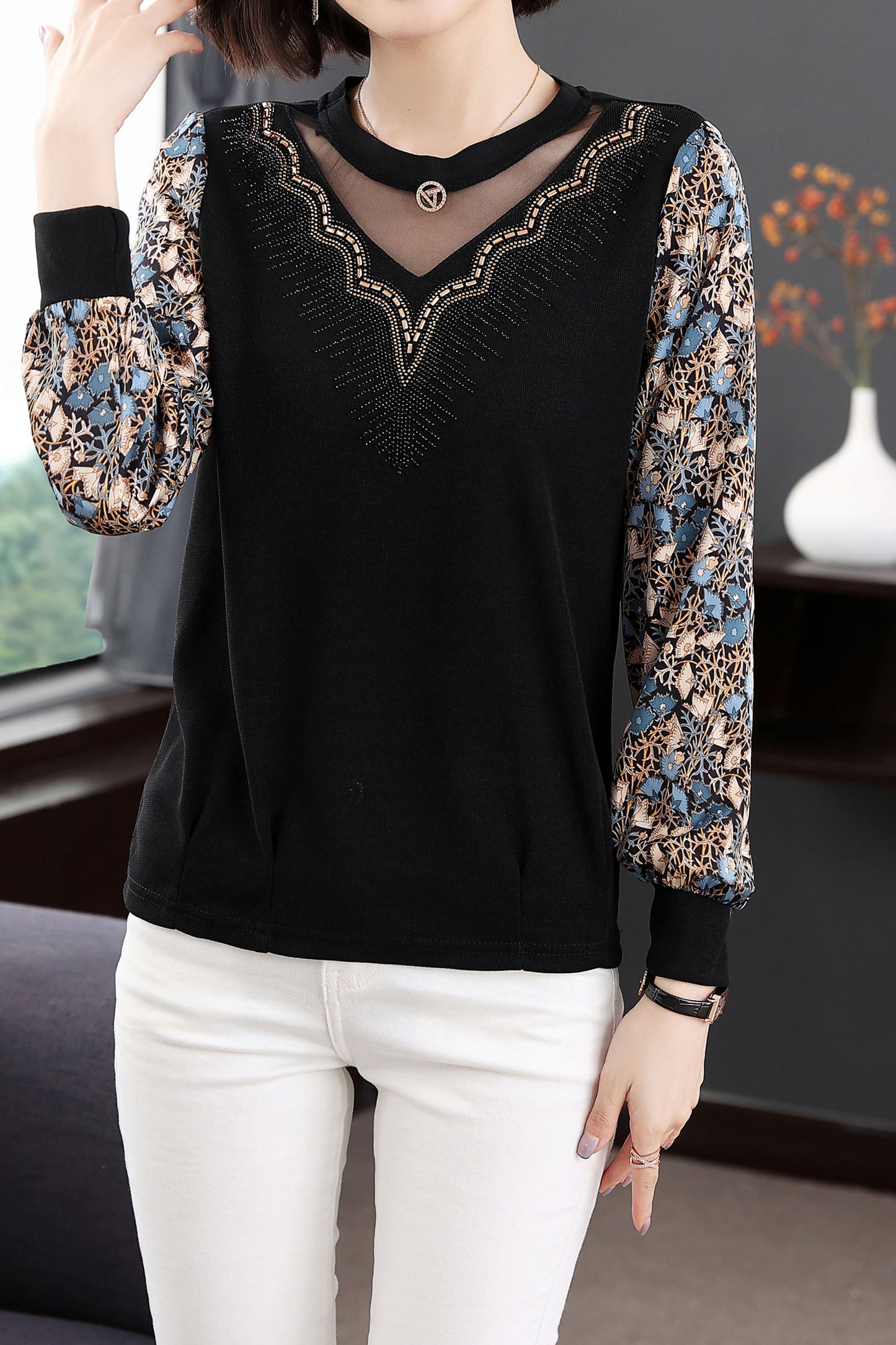 Round Neck Long Sleeve Patchwork Print Blouse