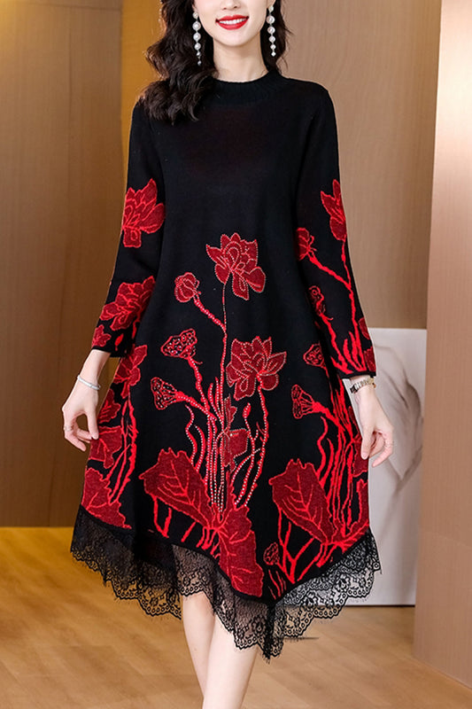 Round Neck Long Sleeves Floral Print Midi Dress