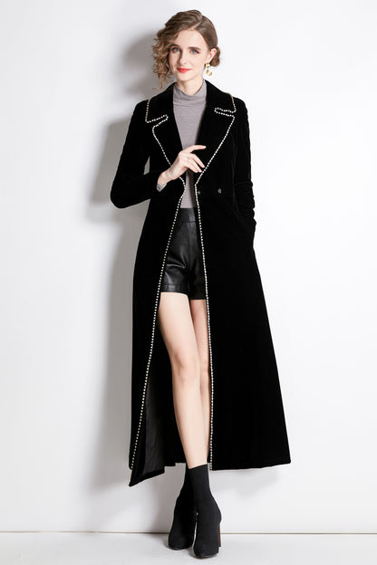 Velvet Notched Lapel Maxi-Length Trench Coat with Pocket