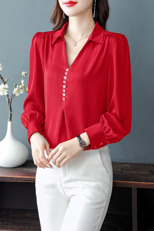 Red Stripe Tops Collared Neck Long Sleeves Button Up Solid Blouse