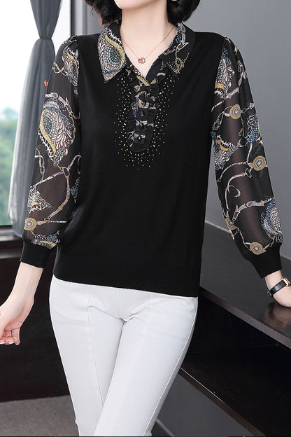 Collared Neck Long Sleeve Patchwork Print Blouse