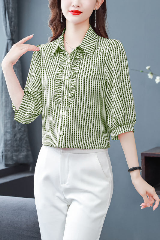 Green Stripe Tops Collared Neck Button Up Print Blouse