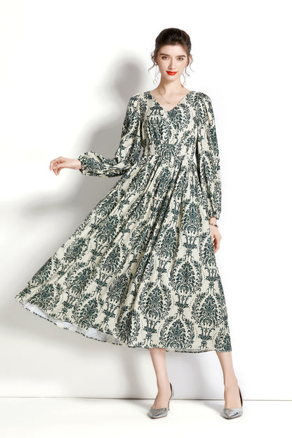 V-Neck Long Puff Sleeves Floral Print Midi Dress