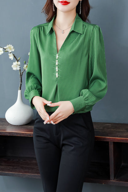 Stripe Tops Collared Neck Long Sleeves Button Up Solid Blouse