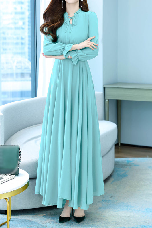Blue Tie Neck Long Sleeves Solid Maxi Dress