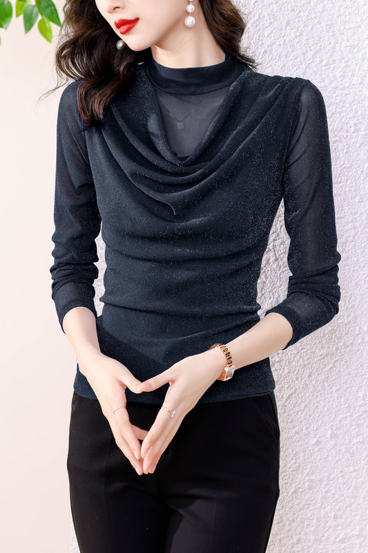 High Neck Long Sleeve Solid Blouse