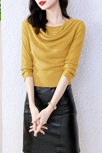 Yellow Round Neck Long Sleeve Solid Blouse