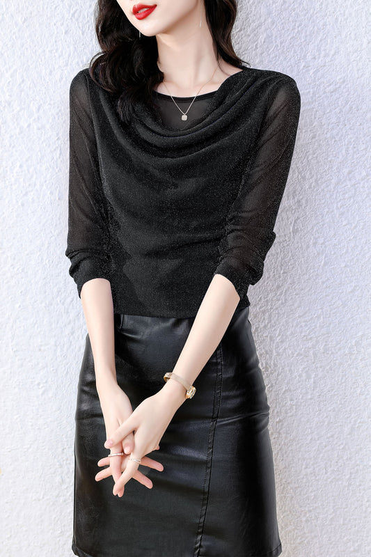 Black Round Neck Long Sleeve Solid Blouse
