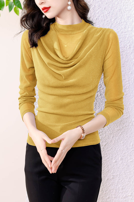 Yellow High Neck Long Sleeve Solid Blouse