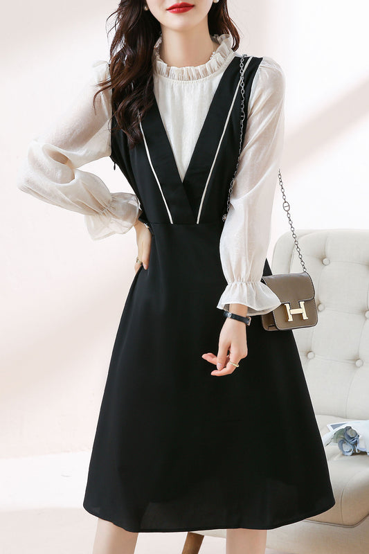 Round Neck Patchwork Long Sleeve Solid Dress