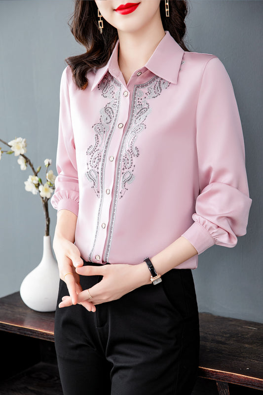 Collared Neck Long Sleeve Button up Print Blouse
