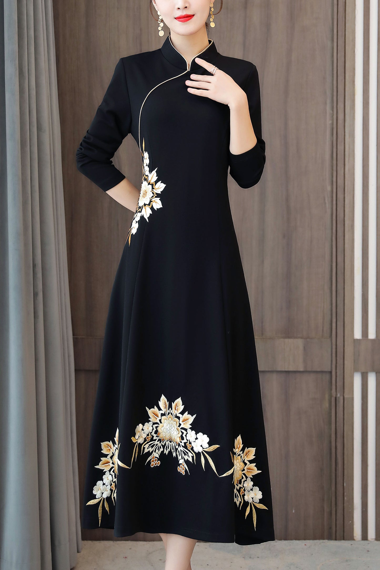High Neck A Line Long Sleeves Embroidery Midi Dress