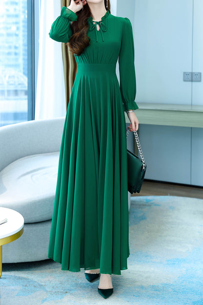 Green Tie Neck Long Sleeves Solid Maxi Dress