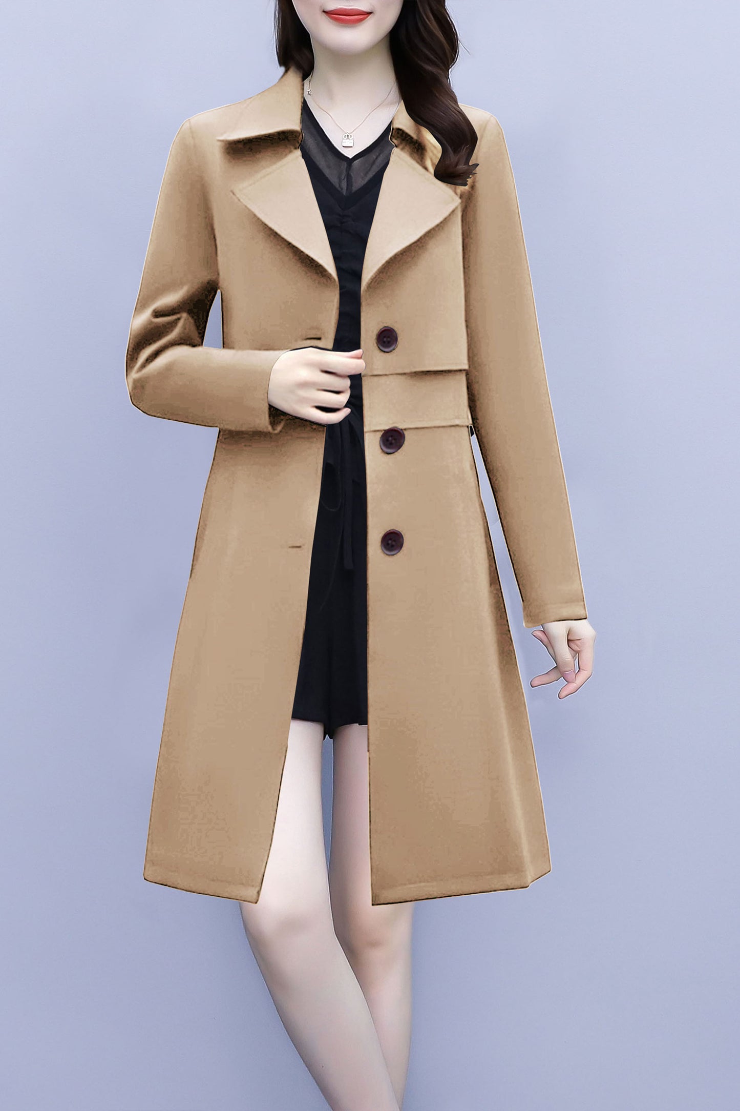 Apricot 3/4 Length Button up Outerwear Trench Coat with Belt