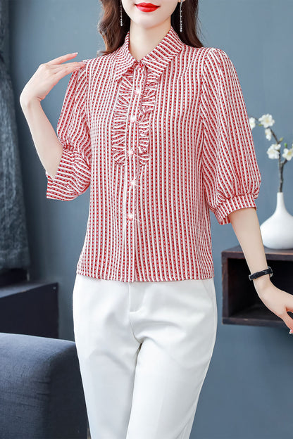 Red Stripe Tops Collared Neck Button Up Print Blouse