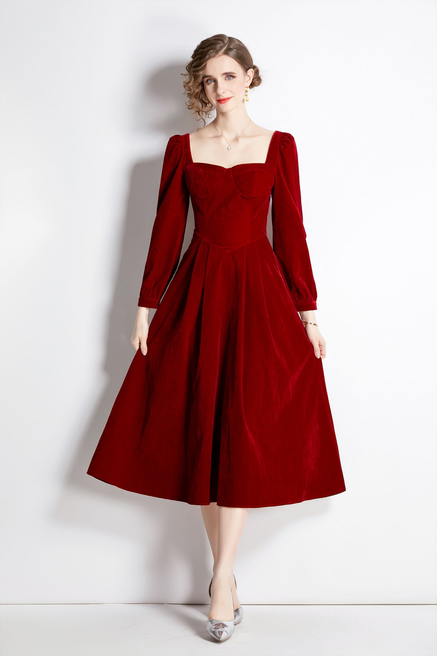 Velvet Square Neck A Line Midi Red Drees