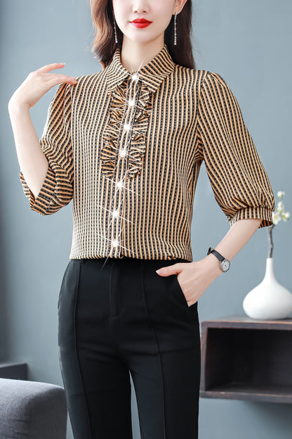 Stripe Tops Collared Neck Button Up Print Blouse