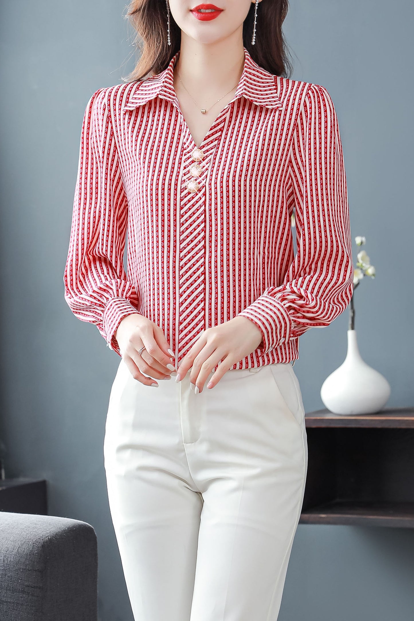 Red Stripe Tops Collared Neck Long Sleeves Print Blouse