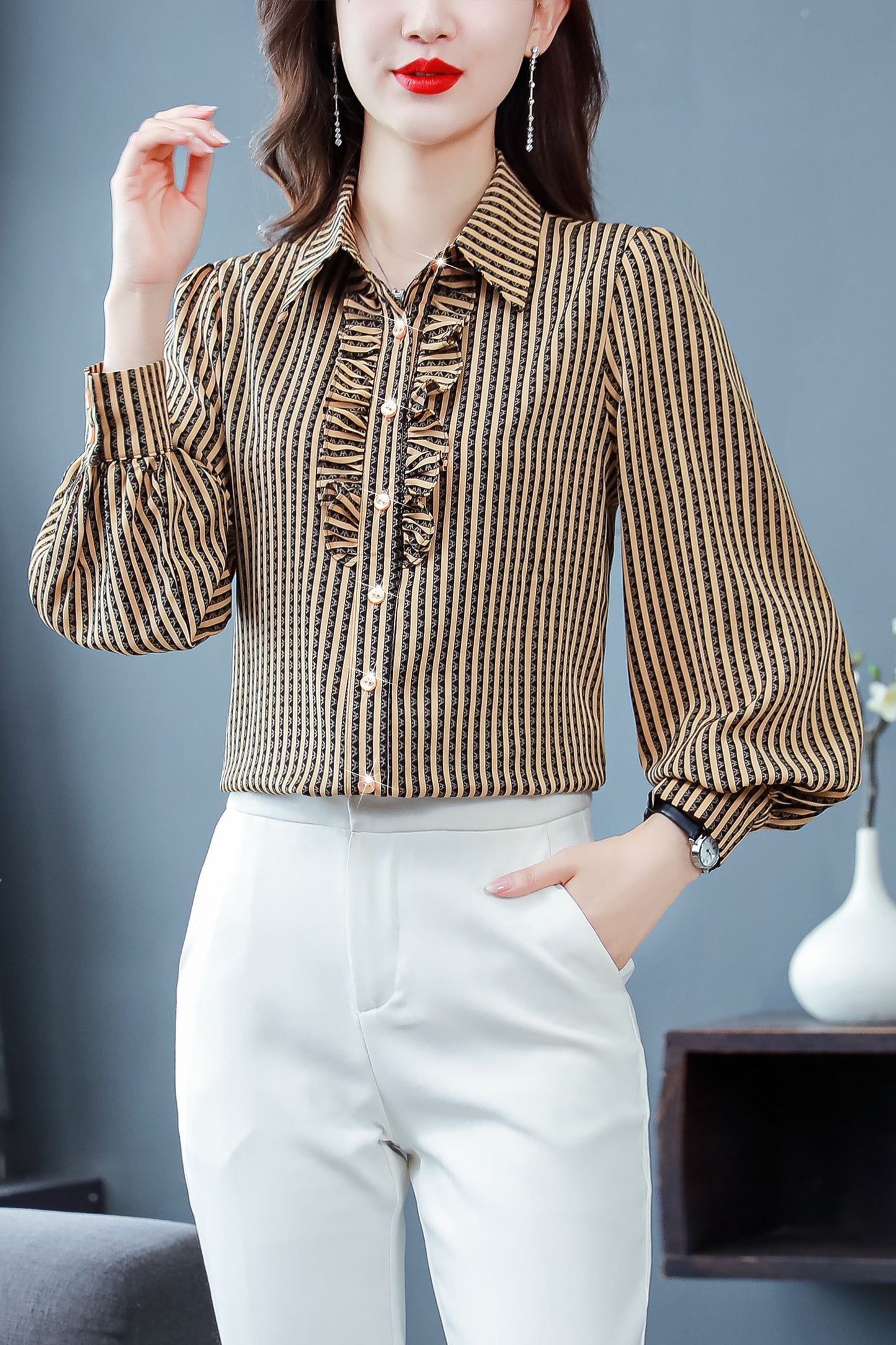 Stripe Tops Collared Neck Long Sleeves Button Up Print Blouse