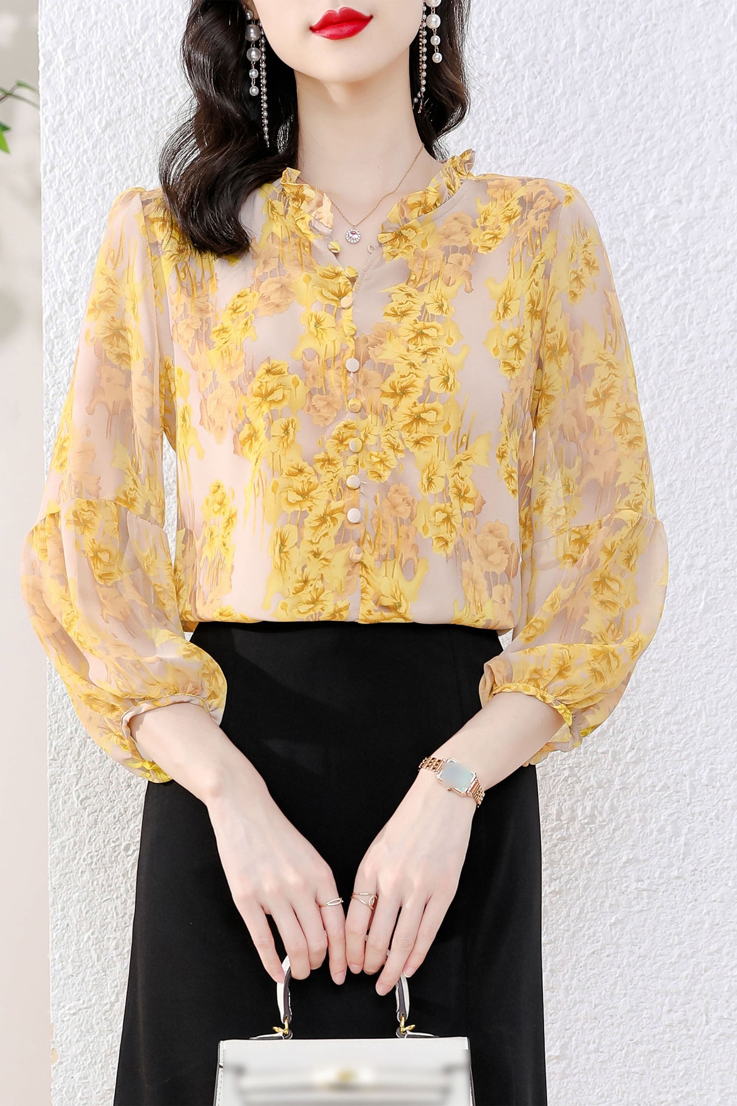Round Neck Long Puff Sleeve Button up Print Blouse