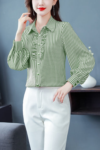 Stripe Tops Collared Neck Long Sleeves Button Up Print Blouse