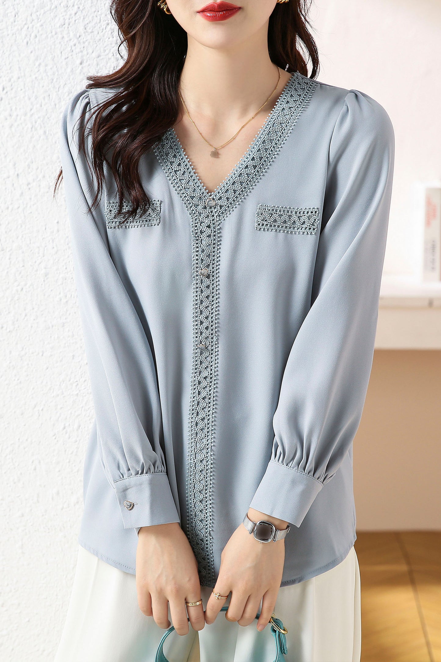 V Neck Long Sleeve Button Up Solid Blouse