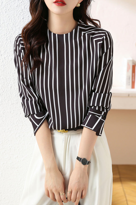 Round Neck Long Sleeve Button Up Solid Blouse