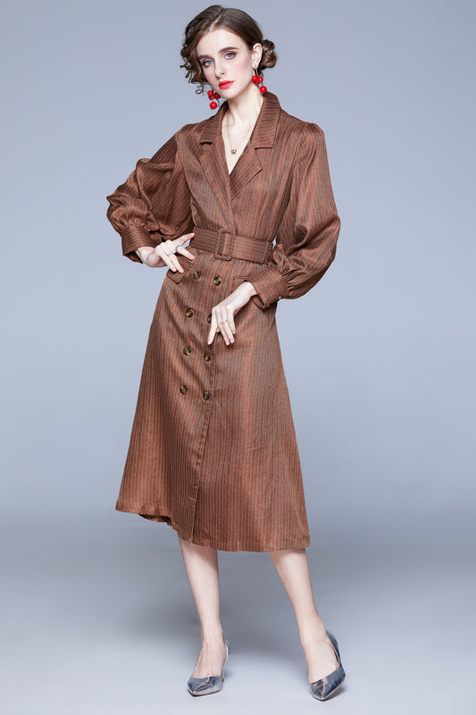 Brown Long Puff Sleeve Button up A-line Solid Midi Dress
