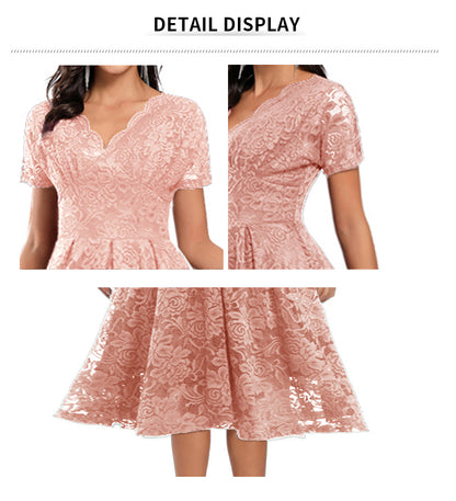 Pink A-line V-neck Short Sleeved Lace Evening Dress