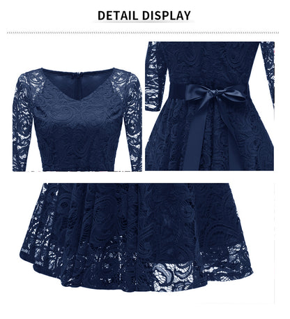 V-neck A-line 3/4 Sleeve Blue Lace Evening Dress With Belt