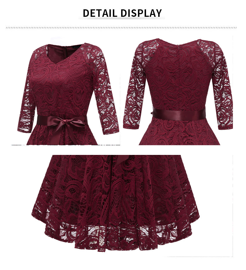 V-neck A-line 3/4 Sleeve Burgundy Lace Evening Dress With Belt