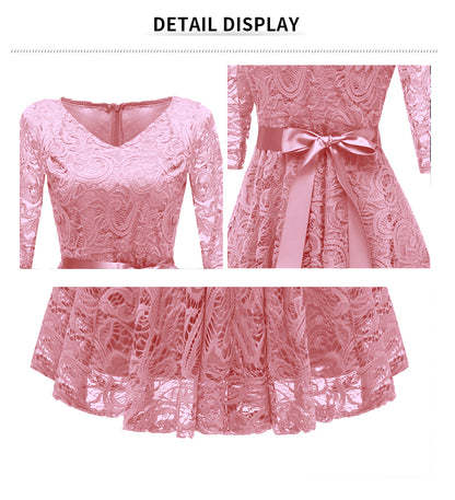 V-neck A-line 3/4 Sleeve Pink Lace Evening Dress With Belt