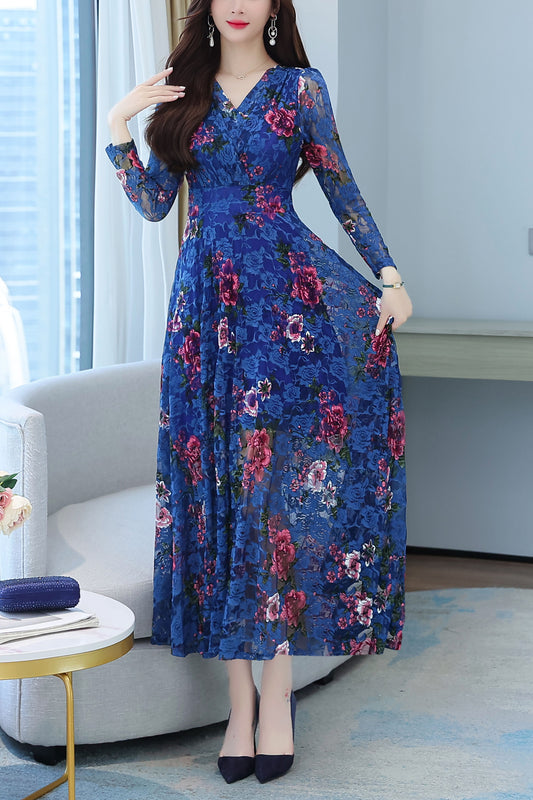 Blue V neckline Floral Embroidery Dress