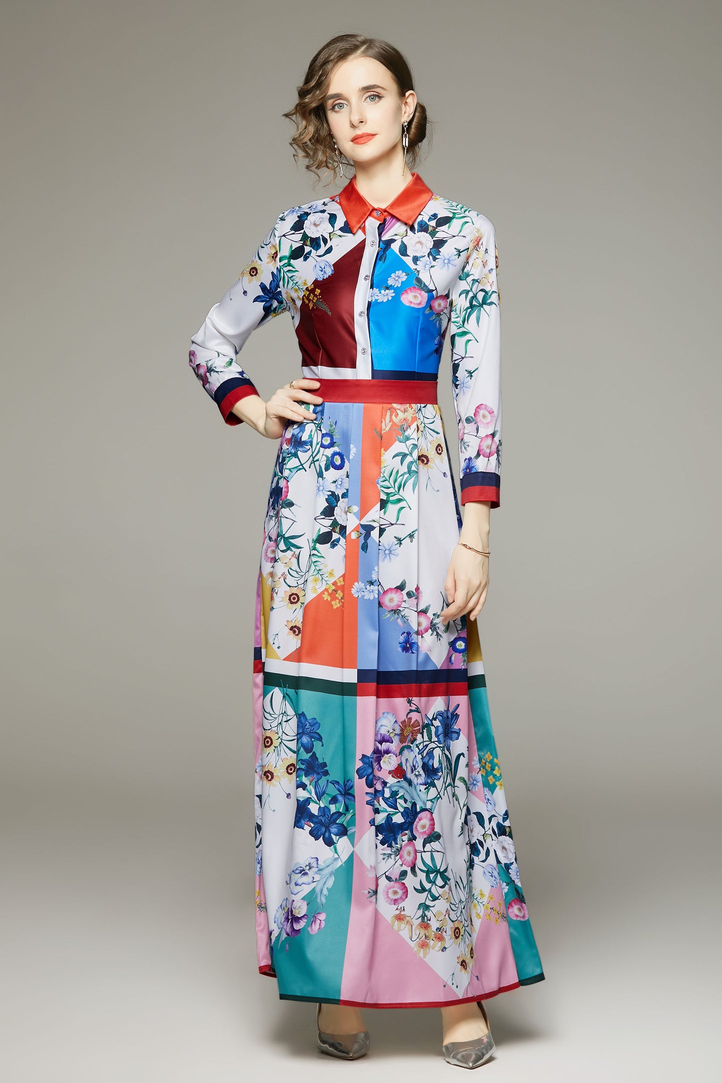 Long Sleeves Collared neckline Floral Print Maxi Dress