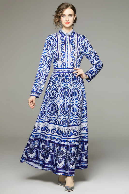 Blue Collared neckline Floral Print Midi Dress