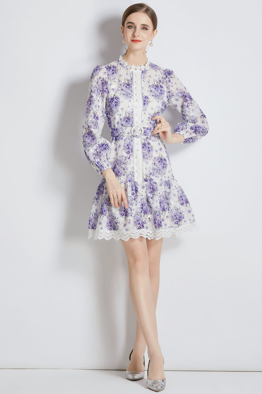 Purple Floral print Long Puff Sleeve Mini Dress